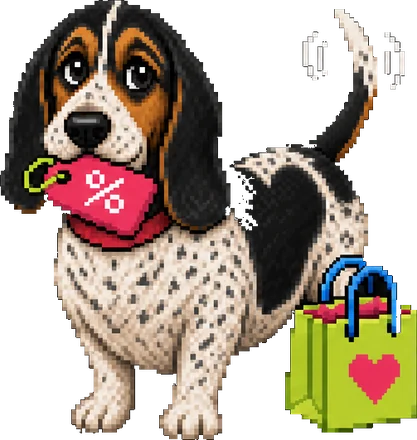 Basset hound moteado con una mancha en forma de corazón, en pixel art, que trae en el hocico un cupón de descuento, junto a una bolsa de compras