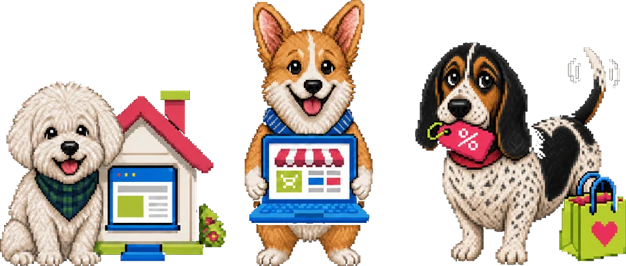 Las tres mascotas del laboratorio en pixel art: un maltés junto a una casita, un corgi con una laptop y un basset hound que trae un cupón de descuento